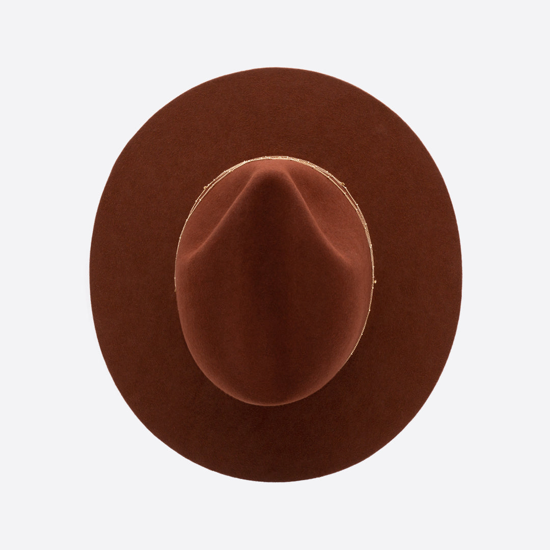 CHAIN EMBELLISHED COGNAC FEDORA HAT