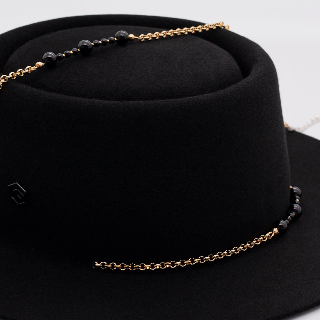 PEARL CHAIN EMBELLISHED BLACK PORK PIE HAT